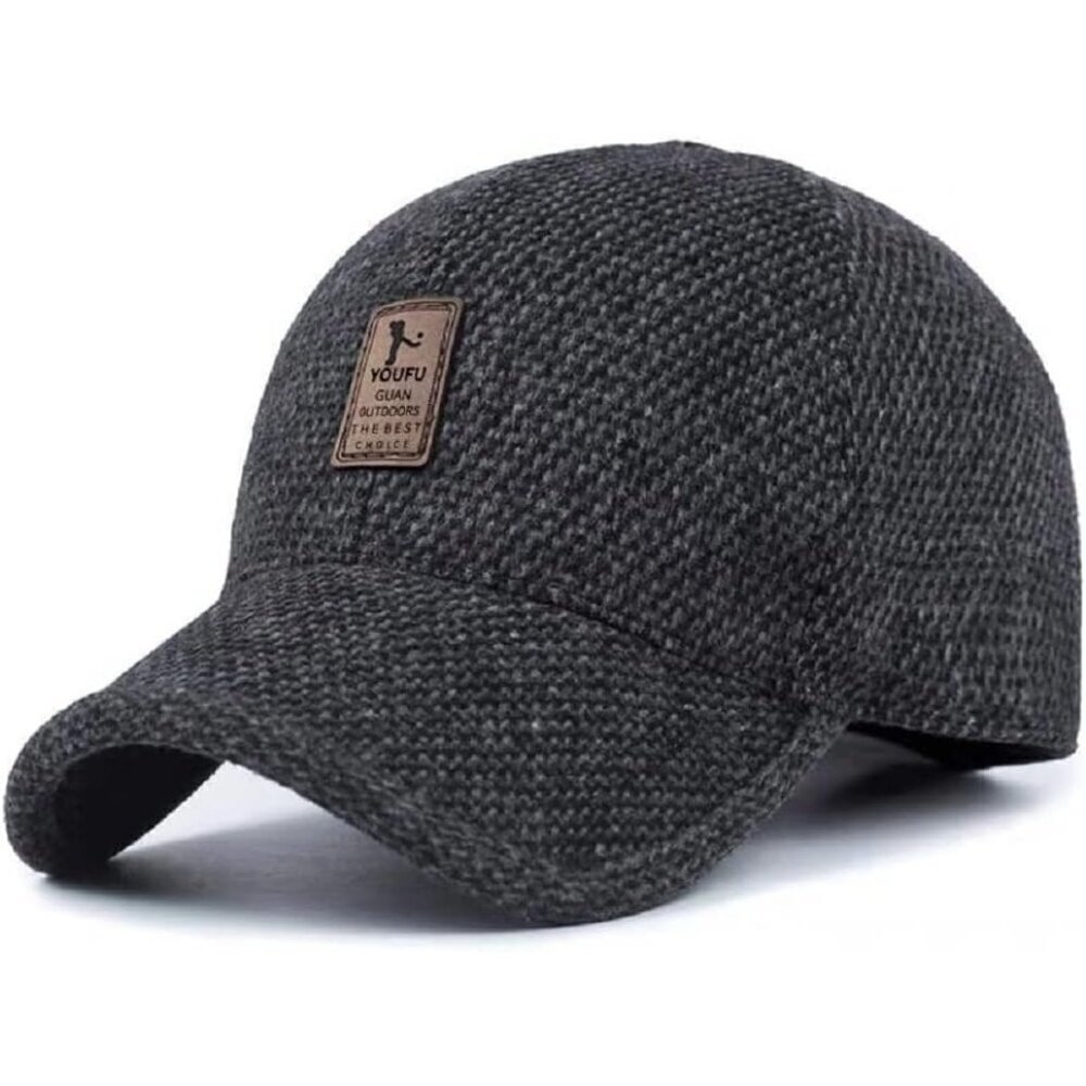 🆕 Men Black Baseball Cap Winter Warm Wool Tweed Peaked Fold Earmuff Jacket Hat